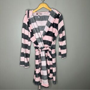 Joe Boxer Fleece Pink and Gray Striped Cat Hooded Robe